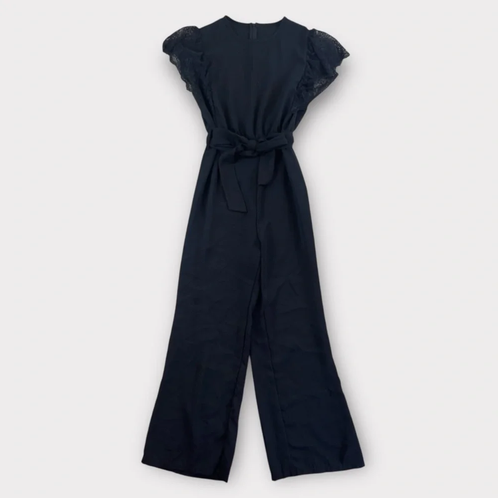 SHEIN Lace Flutter Sleeve Belted Wide Leg Jumpsuit Black Size Small NWOT - Picture 3 of 6